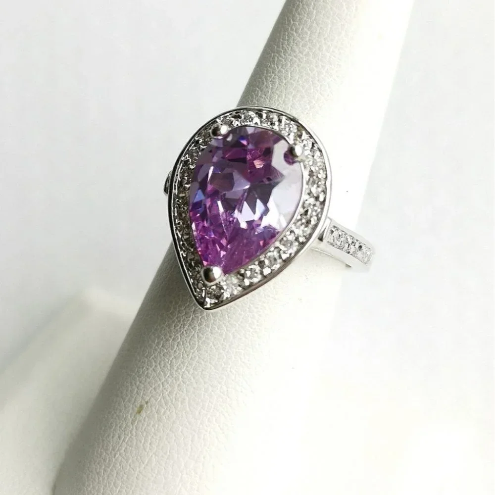 6ct teardrop pear cut lavender Amethyst cz halo cz ring size 8 🆕